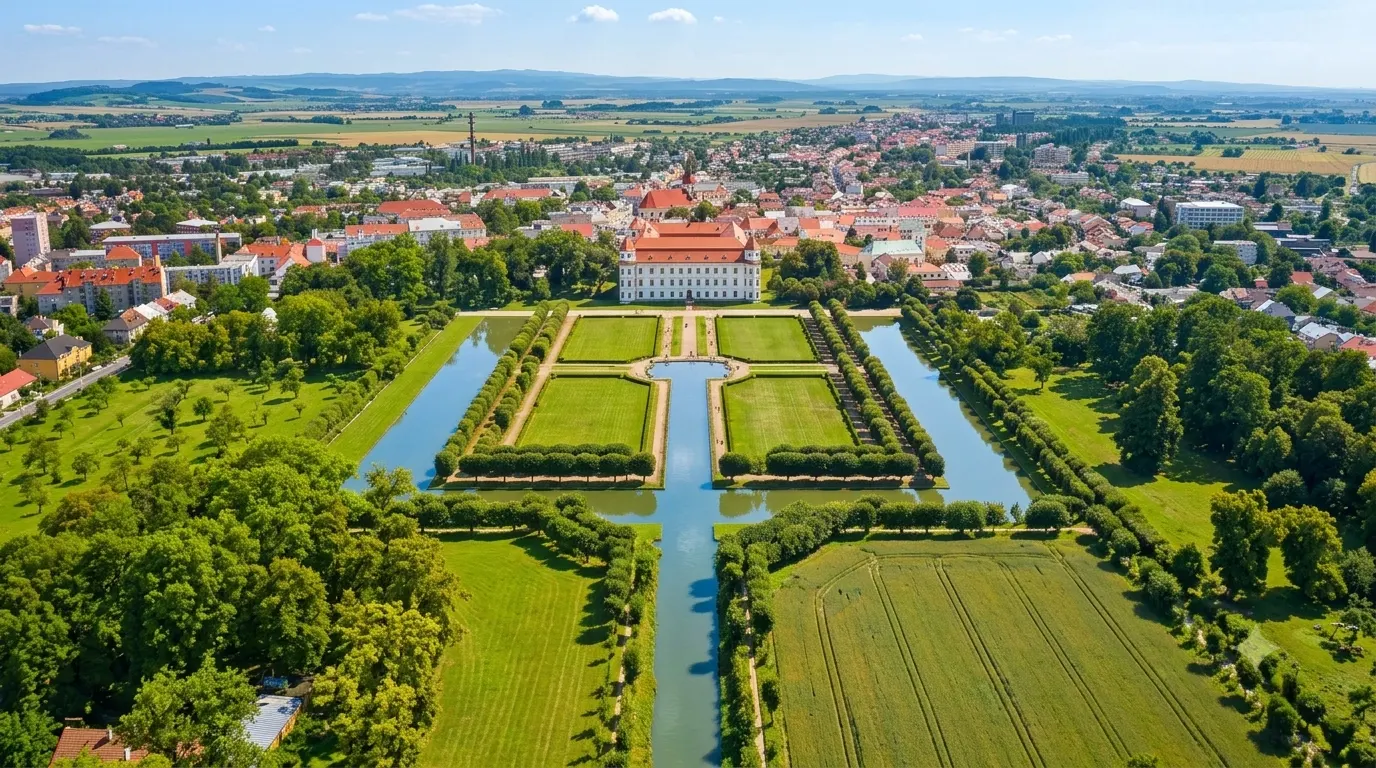 Letecký pohled na zámek Holešov se zámeckou zahradou a městem v pozadí